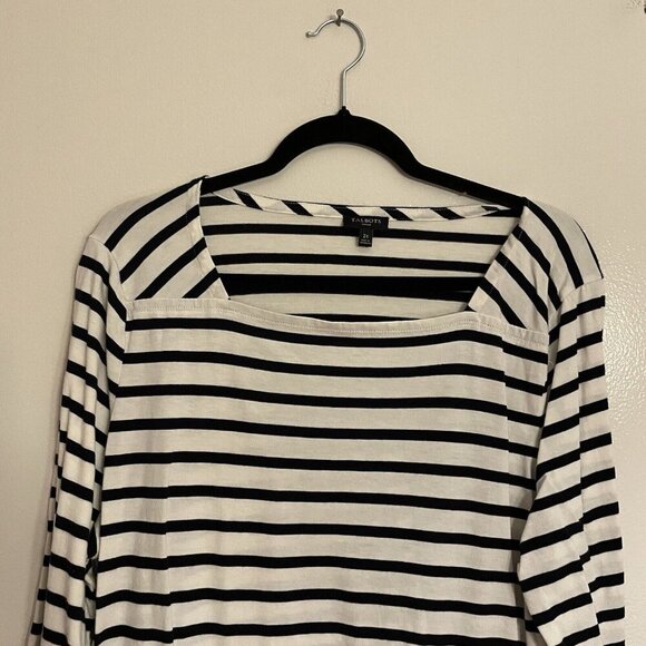 Talbots Woman 2X Preppy Laurel Stripe 3/4 Sleeves Square Neck Ruffle Peplum Tee - Picture 5 of 9